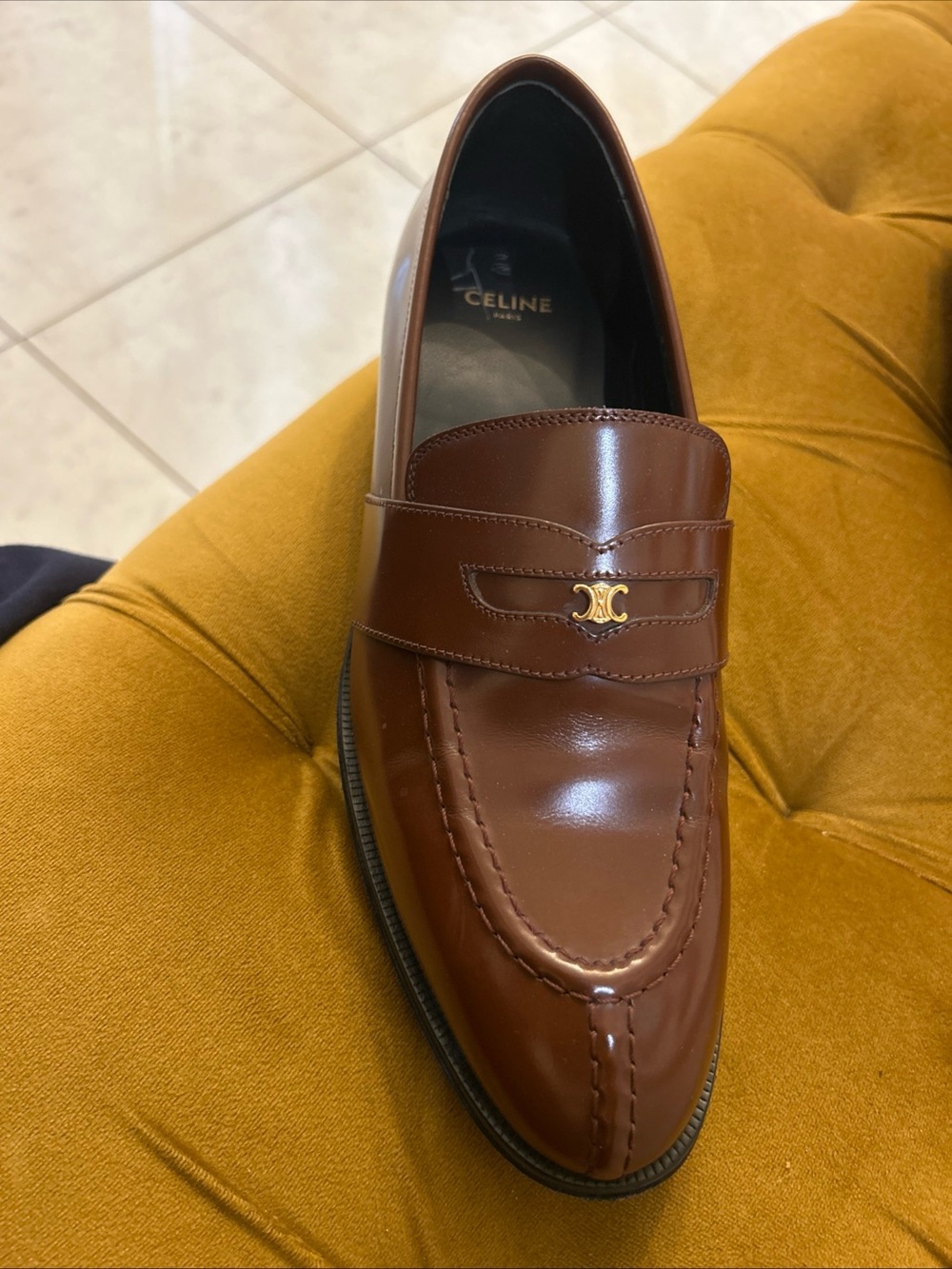 Celine Brown Leather Penny Loafers with Gold Logo Hardware - Picture 3 of 6